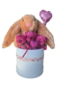 SOLE Premium Özel Kutusunda; 45 cm Kahve Bunny Tavşan, Simli Kalp 3 Adet Fuşya Ayıcık ve Kalp Balonlu Buket - 5