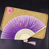 Beluga Yelpaze Bambu Kumaş Serinletici Vintage Şık Dekorasyon Lila Püsküllü Japon Yelpaze 0358 - 1