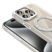 iPhone 15 Pro Kılıf Pırlanta Taş Tasarımlı M-safe Şarj Özellikli Karetta Silikon Kapak - 11