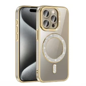 iPhone 15 Pro Kılıf Pırlanta Taş Tasarımlı M-safe Şarj Özellikli Karetta Silikon Kapak - 12
