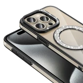 iPhone 15 Pro Kılıf Pırlanta Taş Tasarımlı M-safe Şarj Özellikli Karetta Silikon Kapak - 9