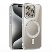 iPhone 15 Pro Kılıf Pırlanta Taş Tasarımlı M-safe Şarj Özellikli Karetta Silikon Kapak - 10