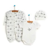 Yenidoğan Bebek Sevimli Fil Kendinden Eldivenli Tulum-Body- Şapka 3lü Set Unisex - 1