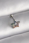 316L Çelik Gümüş Renk Renkli Zirkon Taşlı Yıldız Model Tragus Piercing - TJ-PR1355 - 1