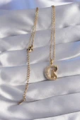 316L Çelik Zincir Gold Renk Kuş Figürlü Zirkon Taşlı Ay Tasarımlı Kolye - TJ-BKO8763 - 2