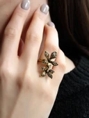 İkili Çiçek Modelli Kadın Antik ayarlanabilir Yüzük Euy1259 thumbnail 1