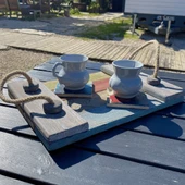 Masif Ahşap Eskitme Country Tarzı Halat Saplı Kahve ve Çay Sunum Tepsisi thumbnail 3