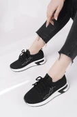 Muggo MARTHA Kadın Kalın Taban Günlük Triko Taşlı Bağcıklı Sneaker Spor Ayakkabı  SİYAH 37 - 5