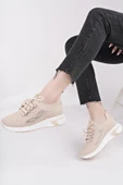 Muggo MARTHA Kadın Kalın Taban Günlük Triko Taşlı Bağcıklı Sneaker Spor Ayakkabı  BEJ 38 - 7