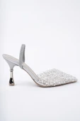 Muggo MARGARET Taşlı Sivri Burun Arkası Açık Lastikli Kadın Klasik Topuklu Ayakkabı  GÜMÜŞ 37 thumbnail 6