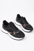 Muggo MELODY Kadın Kalın Taban Günlük Leopar Desenli Bağcıklı Sneaker Spor Ayakkabı  SİYAH 39 - 3