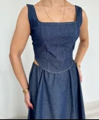 Kadın Denim Kare Yaka Bluz Mavi thumbnail 1