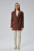 Acı Kahve Oversize Kruvaze Yaka Astarlı Blazer Ceket - 18