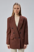 Acı Kahve Oversize Kruvaze Yaka Astarlı Blazer Ceket - 11