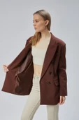 Acı Kahve Oversize Kruvaze Yaka Astarlı Blazer Ceket - 14