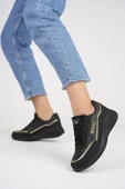 Muggo Happy Garantili Kadın Ortopedik Günlük Bağcıklı Şık Rahat Sneaker Spor Ayakkabı  SİYAH - ALTIN 36 - 4