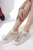 Muggo DAMSEL Bağcıklı Taşlı Kadın Günlük Denim Sneaker Spor Ayakkabı  BEJ 36 - 6
