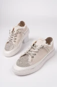 Muggo DAMSEL Bağcıklı Taşlı Kadın Günlük Denim Sneaker Spor Ayakkabı  BEJ 36 - 2