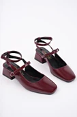 Muggo CHOPRA Kare Burun Çift Kemerli Bilekten Bağlamalı Arkası Açık Kısa Topuklu Ayakkabı  BORDO RUGAN 37 thumbnail 2