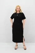 Kadın Büyük Beden Kısa Kollu Bel Bağlama Detaylı Elbise 5303-25 - 2