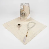 Tesbih + Dantelli Şal + Zikirmatik Hediye Seti (Kraft Asetat Kutulu, Krem) - 2