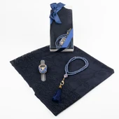 Tesbih + Dantelli Şal + Zikirmatik Hediye Seti (Kraft Asetat Kutulu, Lacivert) - 2