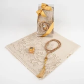 Tesbih + Dantelli Şal + Zikirmatik Hediye Seti (Kraft Asetat Kutulu, Gold) - 2