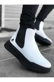 BA0150 Bağcıksız Bantlı Erkek Yüksek Taban Beyaz Siyah Taban Spor Bot thumbnail 1