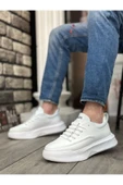BA0332 Merdiven Desen Bağcıklı Erkek Yüksek Taban Beyaz Cilt Spor Ayakkabı thumbnail 1