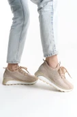 ALYA Bağcıklı Ortopedik Taban Taşlı Kadın Sneaker Spor Ayakkabı BT - Krem - 3