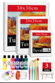 Kare Tuval 3 Adet 10x10 20x20 30x30 cm Boş Tuval Tablo 6 lı Akrilik Boya Fırça Palet Resim Tuvali Akrilik Yağlı Boya - 1