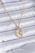 316L Çelik Gold Renk Zirkon Taşlı Ay Yıldız Model Kadın Kolye - TJ-BKO7688 - 1