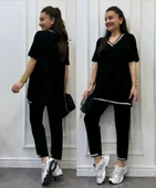 Kadın Kısa Kollu V Yakalı Iki Iplik Bluz Ve Pantolon Ikili Takım thumbnail 9