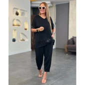 Lucky Life Kadın Kısa Kollu V Yakalı Pul Payetli Viskon Iki Iplik Bluz Ve Pantolon Ikili Takım - 3