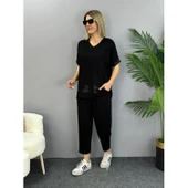 Lucky Life Kadın Kısa Kollu V Yakalı Pul Payetli Viskon Iki Iplik Bluz Ve Pantolon Ikili Takım - 7