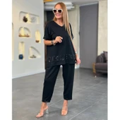 Lucky Life Kadın Kısa Kollu V Yakalı Pul Payetli Viskon Iki Iplik Bluz Ve Pantolon Ikili Takım - 1