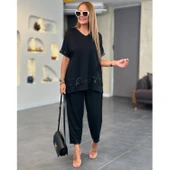 Lucky Life Kadın Kısa Kollu V Yakalı Pul Payetli Viskon Iki Iplik Bluz Ve Pantolon Ikili Takım - 2