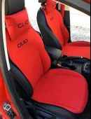 Renault Clio Nakışlı Ön İkili Oto Koltuk Minderi 2 Adet Boyun Yastığı 2 Adet Kemer Pedi KIRMIZI - 1