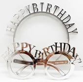 Happy Birthday Yazılı Taç ve Happy Birthday Yazılı Gözlük Seti Gümüş Renk - 1