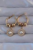 316L Çelik Gold Renk Zirkon ve İnci Taşlı Cartier Model Halka Küpe - TJ-BKP9149 - 1
