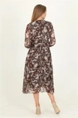 Dipmoda kadın kahverengi desenli midi boy şifon elbise DPRSSN15 thumbnail 6
