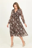 Dipmoda kadın kahverengi desenli midi boy şifon elbise DPRSSN15 thumbnail 4