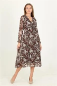 Dipmoda kadın kahverengi desenli midi boy şifon elbise DPRSSN15 thumbnail 3