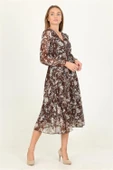 Dipmoda kadın kahverengi desenli midi boy şifon elbise DPRSSN15 thumbnail 2
