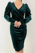 Dipmoda kadın kruvaze yaka büzgülü kadife elbise DPKKLF68 - Zümrüt thumbnail 2