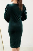 Dipmoda kadın kruvaze yaka büzgülü kadife elbise DPKKLF68 - Zümrüt thumbnail 4