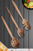 Doğal Ceviz Ağacı Ahşap Tahta Kaşık Spatula Kevgir Çatal Seti Ağaç Kaşık (3 lü Set) A8 thumbnail 1