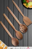 Doğal Ceviz Ağacı Ahşap Tahta Kaşık Spatula Kevgir Çatal Seti Ağaç Kaşık (4 lü Set) A9 - 1