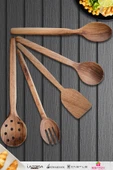 Doğal Ceviz Ağacı Ahşap Tahta Kaşık Spatula Kevgir Çatal Seti Ağaç Kaşık (5 li Set) A13 thumbnail 1
