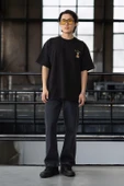 Cep Baskılı İki İplik Kumaş Pamuklu Oversize Erkek T-Shirt - Siyah - 6